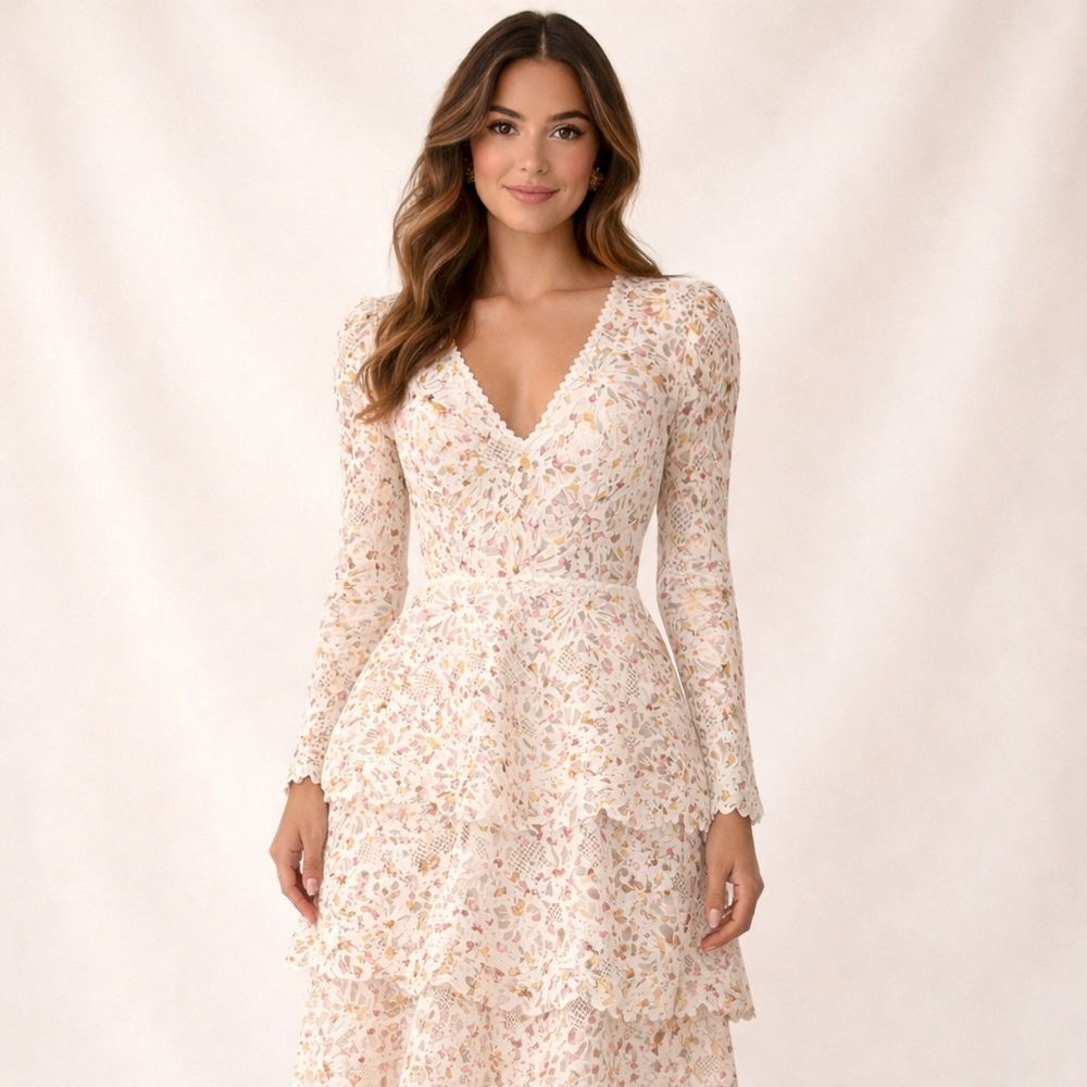 Monique Lhuillier White With Color Floral Tiered Midi Dress Summer Garden Events - Picture 3 of 17